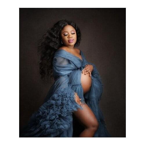 Luxury Tulle Maternity Gowns For Photo Shoot Extra Puffy Ruffles Custom Made V Neck With Waistband Long Fluffy Pregnancy Dre