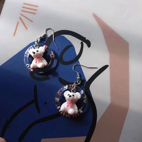 Cute Lovely Transparent Circle Bear Drop Dangle Earrings Cartoon Colorful Pentagram Cute Pink Resin Bear Jewelry Gift