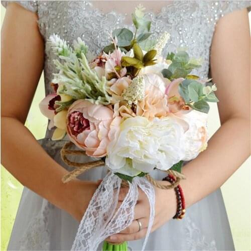 SESTHFAR Wedding Bride Bouquet Bridesmaid Hand Tied Flower Decor Home Holiday Party Supplies European Rose Wedding Flowers Gift