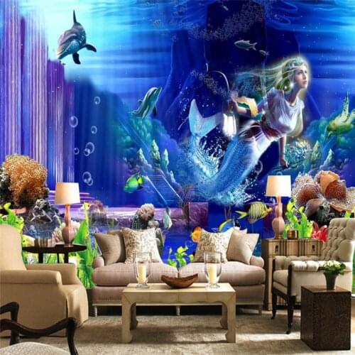 Wellyu Beautiful underwater 3d palace mermaid TV background wall custom large mural green wallpaper papel de parede Mural
