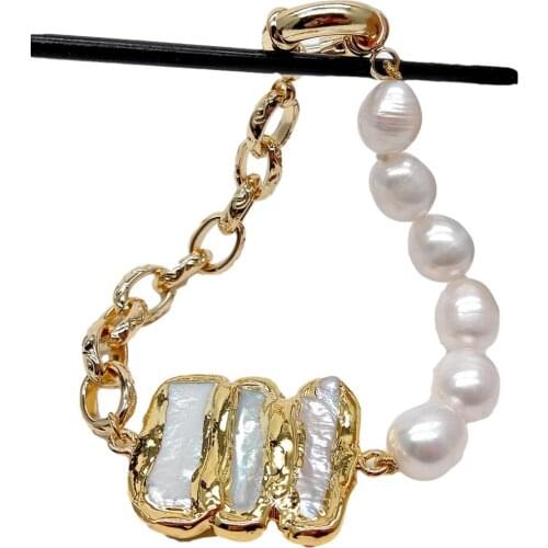 Y·YING Natural White Biwa Pearl Connector Cultured White Rice Pearl Gold Color plated Chain Bracelet 8" spring clasp