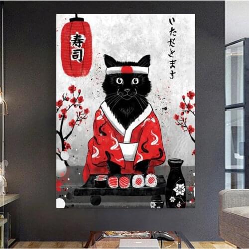 Japanese Geisha and Sushi Cat Canvas Painting Art Posters and Prints Print Mural Samurai Pictures Living Room Home Wall Decor