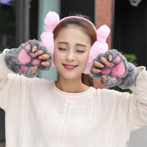 Women Bear Plush Cat Paw Claw Gloves Winter Faux Fur Cute Kitten Fingerless Mittens Gloves Girls Cartoon Half Finger Gloves
