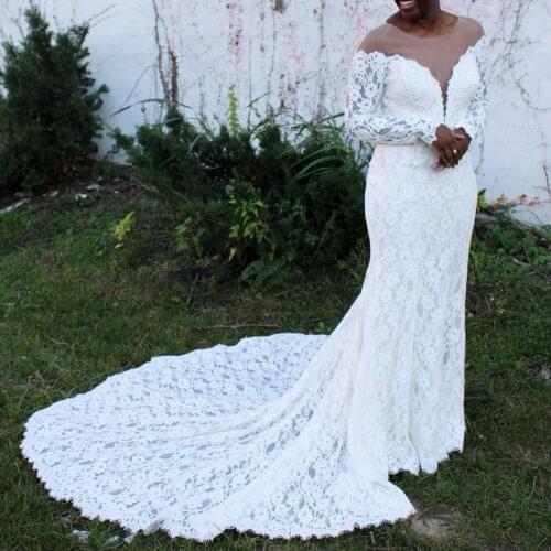 Fully Lace Bridal Wedding Dress 2021 Sheath vestidos de novia Long Sleeves Chapel Train Illusion V Neck and Back Designer