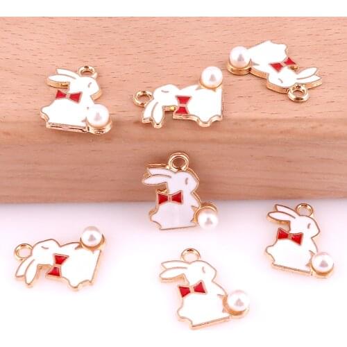 10Pcs/Lot Enamel Pearl Bow Rabbit Charms Making Metal Animal Pendant For Drop Earrings Necklaces Jewelry Accessories