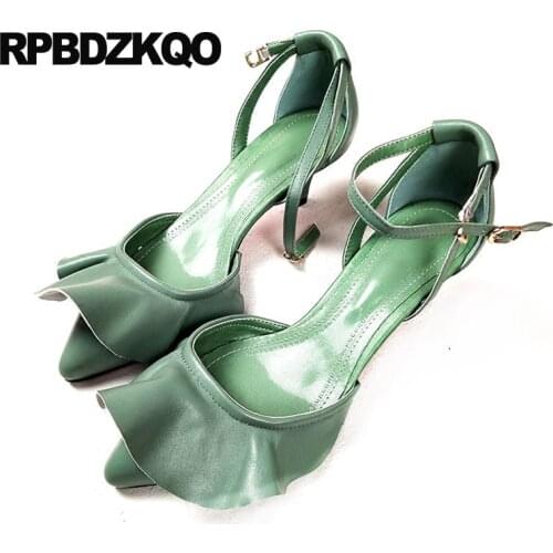 Medium Heels Black Green Dress Shoes Women Top Quality Genuine Leather Kitten Fashion 2018 Pointed Toe Luxury White Ankle Strap