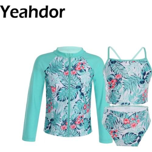 3pcs Kids Girls Summer Swimwear Swimsuit Straps Sleeveless Tops with Briefs Long Sleeves Zipper Coat Set Beachwear Bathing Suit