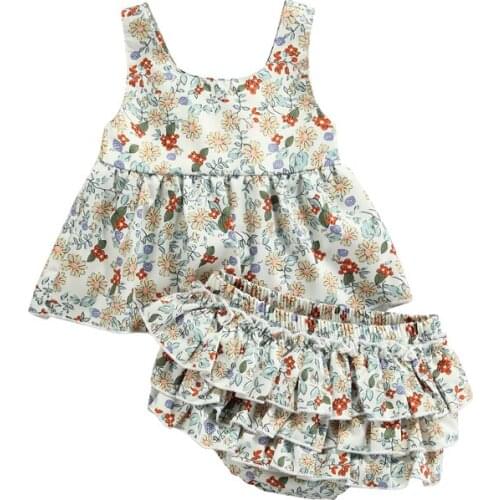 Lioraitiin 0-24M 2Pcs Baby Girls Summer Floral Print Sleeveless O-Neck Vest Tops+Ruffles Hem Shorts Outfit Sets
