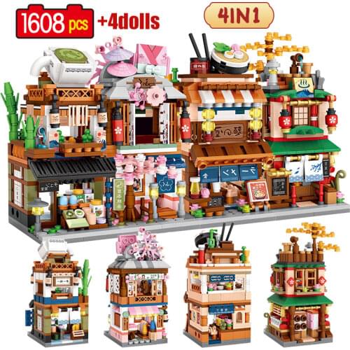 1608pcs 4in1 Japanese Style Mini City Matcha House Building Blocks Friends Figures Ramen Canteen Store Bricks Toys For Kids Gift