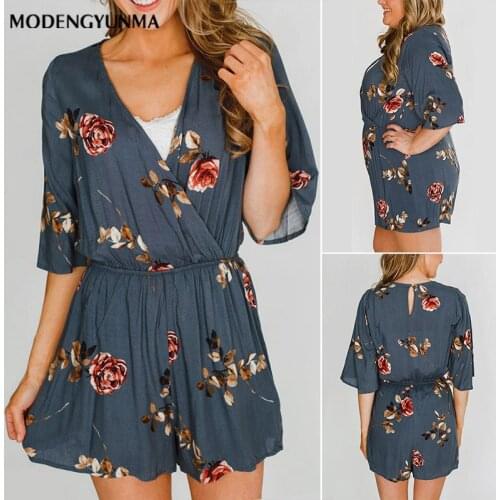 Summer Women Fashion Strap Jumpsuit Retro Flowers Printing Loose One-piece Trousers Summer Beach Clothes Short Sleeve Clothing