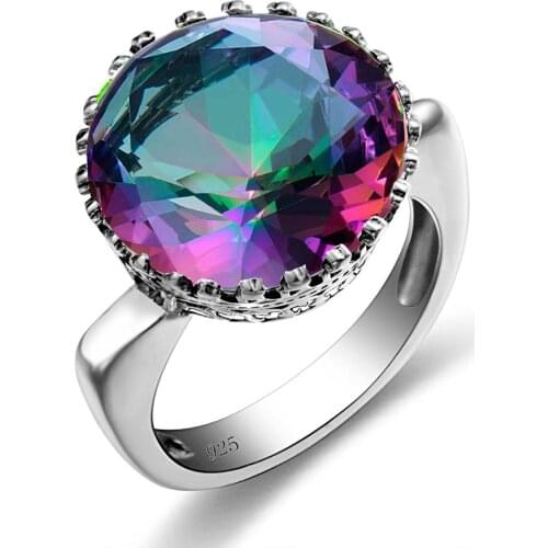 Fashion Silver Ring for Women Genuine 925 Sterling Silver Ring Round Chromatic Cherry Rainbow Topaz Ladies Delicate Fine Jewelry