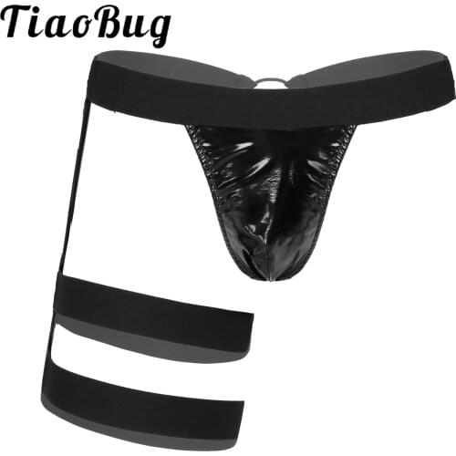 Mens Erotic Lingerie Underwear with Leg Garters Patent Leather Jockstrap G-String Thong Underpants Wide Elastic Band Briefs