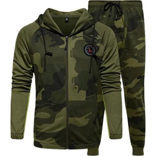 Camo Men Tracksuit Hooded Outerwear Hoodie Set 2 Pieces Autumn Sporting Male Fitness Camouflage Sweatshirts Jacket + Pants Sets