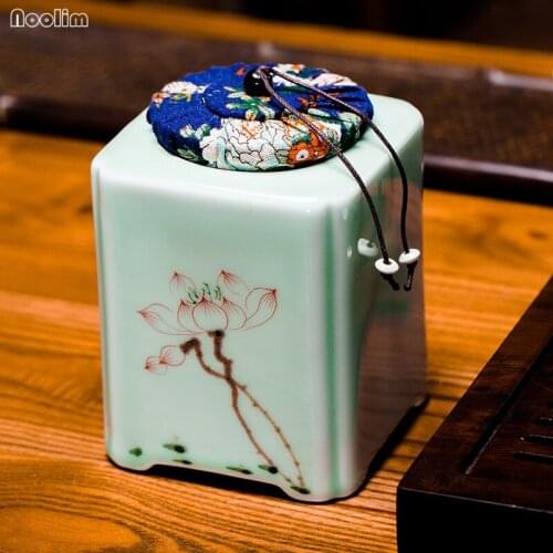 NOOLIM Porcelain Longquan Celadon Hand Painted Lotus Tea Caddy Large Sealed Can Ceramic Storage Tank Kitchen Food Container