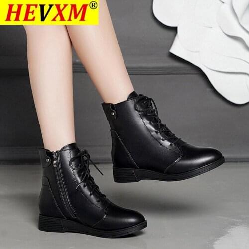 2020 New Winter Womens Boots Fashion Zipper Square Heel PU Boots Round Toe Low Heel Lace-up Plus Velvet Womens Ankle Boots