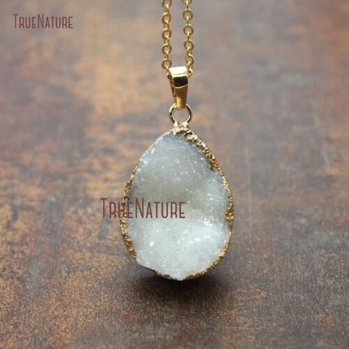 New Design White Crystal Pure Gold Color Water Drop Shape Necklace Druzy Crystal Chains Necklace In 18 inch NM11200