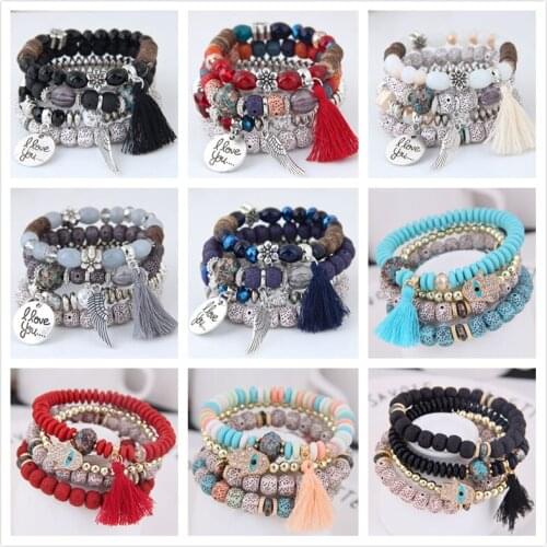 New product 4 pieces/set of bohemian crystal opal beaded bracelet, multi-circle tassel bracelet, retro ethnic style jewelry