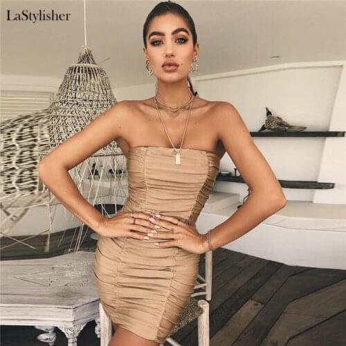 LaStylisher sleeveless slash neck dress pleated sexy mini dress spring summer women solid elegant party club dresses streetwear