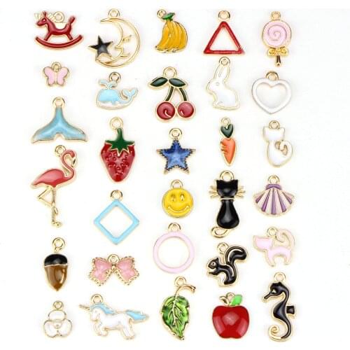 30pcs/set Alloy Enamel Flamingo Cherry Pine cone dolphin whale Seahorse Strawberry Charms Pendant Jewelry Making Decoration