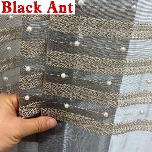 Luxury Nordic Grey Gradient Beaded Curtain Tulle Pearl Striped Voile Window Screen Living room Bedroom Cortinas Rideaux JD837F5