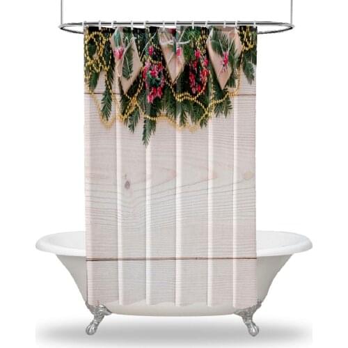Christmas Decor Printed Showers Curtain / Waterproof Button Hole Shower Drapes for Your Bathtub,Bathroom Fir Tree Branches Golde