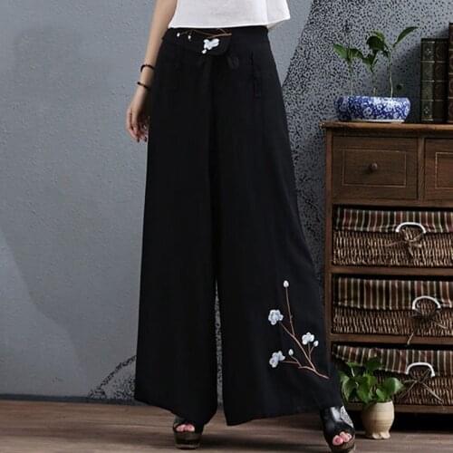 Ethnic Pants Women 2019 Traditional Chinese Pants Skirt Embroidery Vintage Trousers Female Loose Causal Wide Leg Pants TA1415