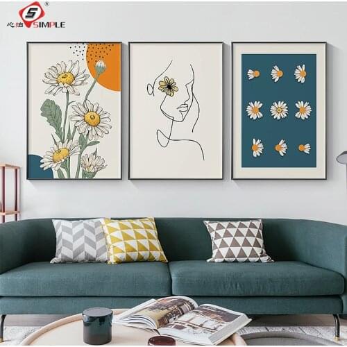 Scandinavian Daisies Flower Poster Print Sunflower Decorative Painting Modern Wall Art Pictures for Living Room Home Decor