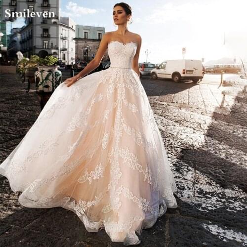Smileven A-line Princess Wedding Dresses Illusion Neck Lace Appliques Train Boho Wedding Bridal Gown Plus Size