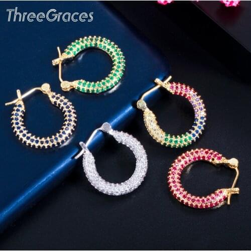 ThreeGraces 2021 Trendy Mirco Pave Blue Red Cubic Zirconia Gold Color Round Hoop Earrings for Ladies Party Jewelry Gift ER542
