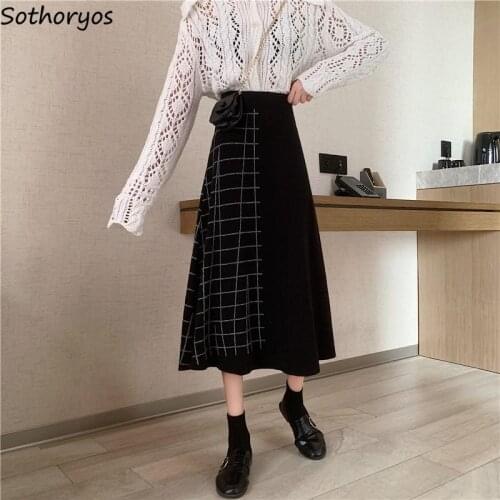 Skirts Women Knitted Autumn Winter Warm Soft Plaid Black Vintage High Waist A-line Mid-calf Length Korean Style Ulzzang INS New