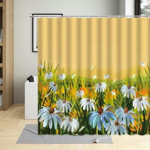 White Daisy Floral Plant Pastoral Bathroom Decor Blooming Flower Countryside Shower Curtain Waterproof Fabric Bath Curtains Set