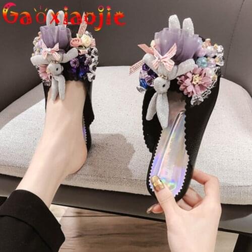Slippers Women Summer Wild 2021 New Fashion Pearl Rhinestone Women Sandals Cute Shallow Mouth Round Tead Flat Bottom Lazy Shoes