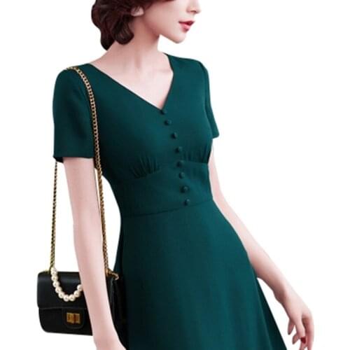 Office Dresses For Ladies 2021 Formal Classy Elegant V Neck A-Line Midi Dress Business Chic Women Casual New Fashion Work Wear