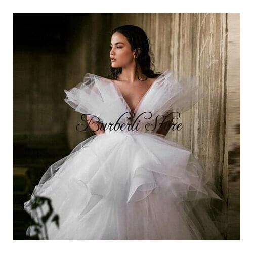 Pretty White V-neck Ruffles Long Tulle Dress Women Summer Sexy Backless Puffy Tulle Dresses Fashion Tutu Dress Custom Made