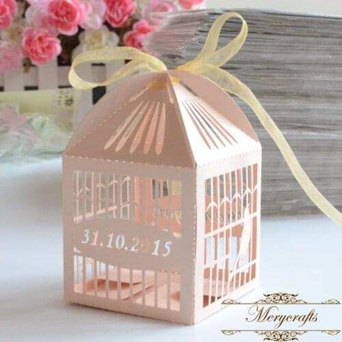 2017 Fancy Bird Cage High Quality Pearl Paper Shiny Peach Customizable Wedding Party Decorations Laser Cut Favor Box