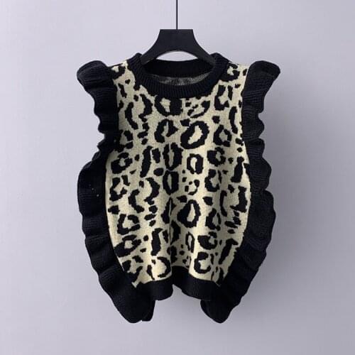 2021 Spring New Knitted Women Sweater Vest Leopard Ruffles Slim Lady Elegant Fashion Pulls Outwear Tops