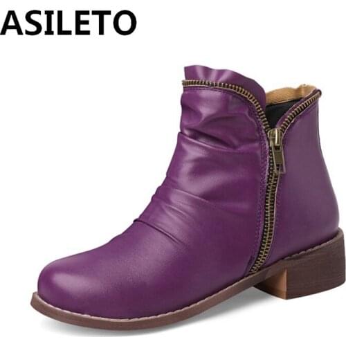 ASILETO 2021 Retro Ankle Boots Knight Zip Pleated Block Heel Short Plush Shoes Big Size 32-54 Red Green Black Brown Blue A4490