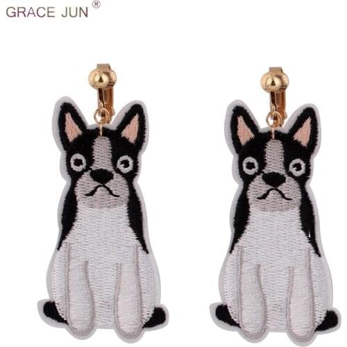 GRACE JUN Vintage Balck Dog Clip on Earrings Without Pierced for Women Luxury Fashion Embroidery Animal No Hole Ear Clip Gift