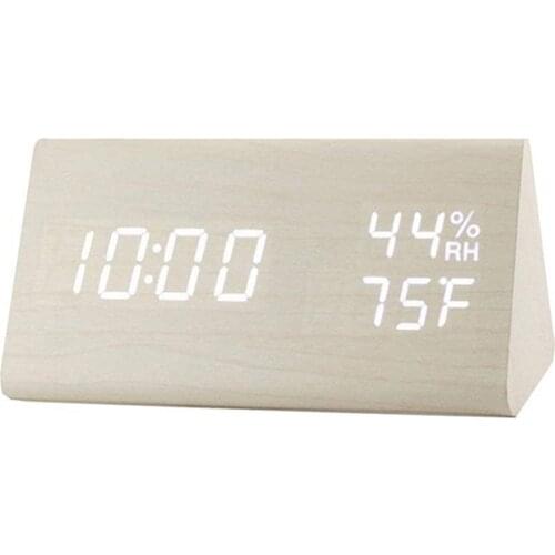 Humidity and Temperature Alarm Clock Triangle Digital Baby Room Wood Clock Mute Luminous LED Electronic Gift
