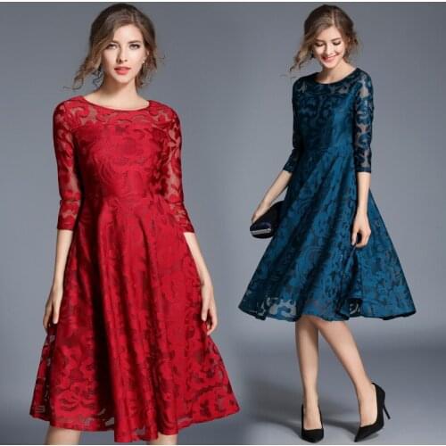Socialite Elegant Lace Dress 2021 Spring and Summer New Three-Quarter Sleeve Slim Slimming Mid-Length Large Swing Skirt