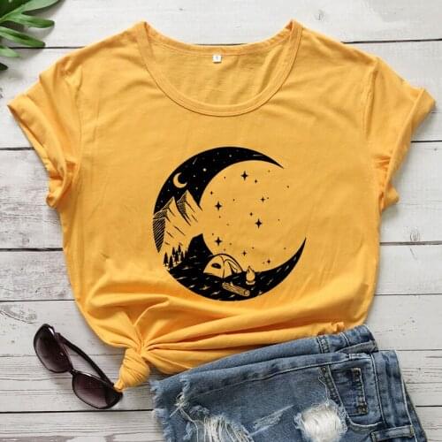 Crescent Moon Camping T-shirt Aesthetic Summer Short Sleeve Graphic Hiking Tee Top Vintage Womem Adventure Outdoor Tshirt