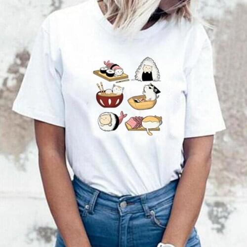 Funny Sushi CatS Day Harajuku Print T Shirt Women Tops Fashion Summer Short Sleeve Tee Shirt Femme Casual Tshirt Camiseta Mujer