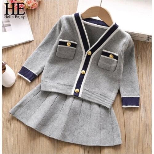 HE Hello Enjoy Girls Clothes Set Winter Grey Cardigan with Skirt 2Pcs for Children Outerwear Cute Baby Girl Sets Outfits Sweater