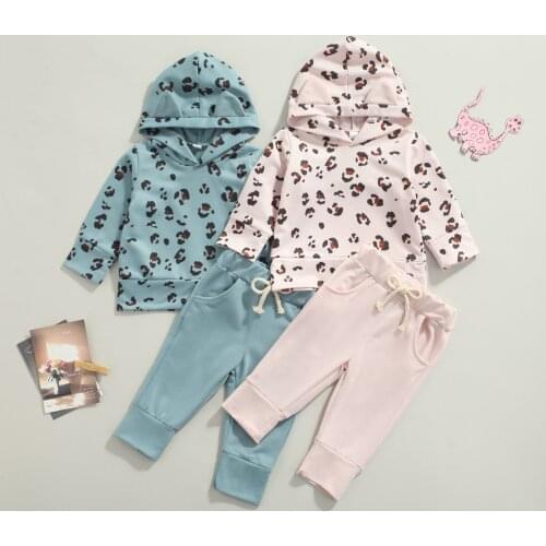 Lovely Baby Girls Boys Autumn Clothes Sets 2pcs Leopard Printed Ear Hooded Pullover Tops Pants 0-3Y