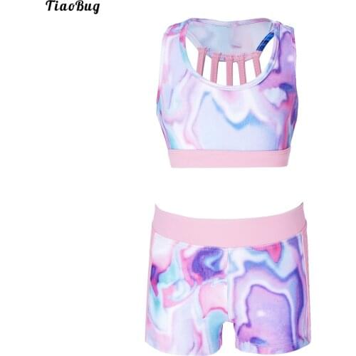 TiaoBug 6 To 14 Years Summer 2Pcs Kids Girls Short Suit U Neck Sleeveless Crop Sport Bra Top Shorts Set Sportwear Tracksuits