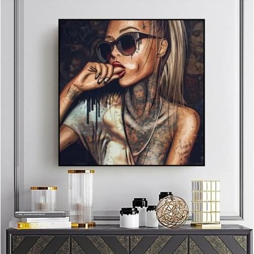 Cool Tattoo Girls Wearing Glasses Wall Posters Canvas Paintings on The Wall Art Cuadros Cuadros Cafe Bar Decor Home Decoration