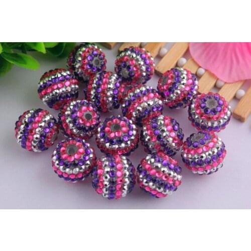 Kwoi vita 20mm Charming 100pcs/lot Purple/Rose/Silver Strips Rhinestone Resin Round Chunky beads for kids necklaces making