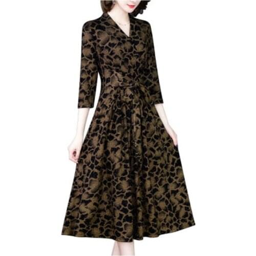Fashion slim vestidos 2020 new womens spring autumn V-neck Leopard print Mid-length large size Thin womens long dress D38