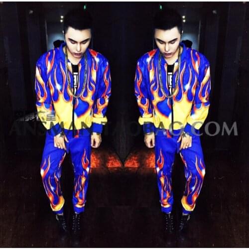 Nightclub Bar Male Singer Dj Ds Europe Long Sleeves Jackets Fashion Blue Flame Hip-hop Loose Baseball Clothing Men Suits Costume