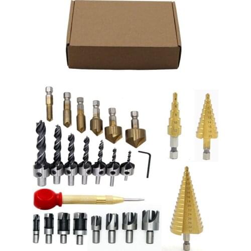 26 Pcs Woodworking Drilling DIY Set Step Drill Five-blade Chamfering Device Counterbore Drill Cork Drill Center Punch Set